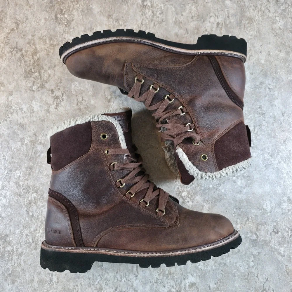LL Bean Rugged Cozy Boots Womens 9 Brown Leather Sherpa Vibram Sole *No Insoles
